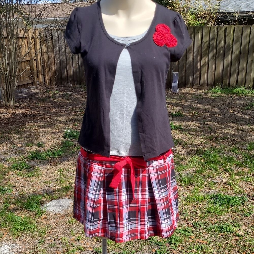 Plaid Red & Black Kids' Dress w/ Rosette, Belt, & Twinsette-style Top, XL 14-16